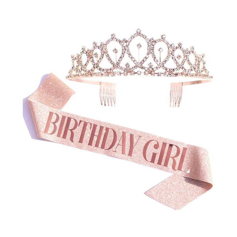 

1 PC Rhinestone Crystal Crown Tiara Birthday Anniversary Decoration Happy Women 21 30th Birthday Satin Sash Party Supplies