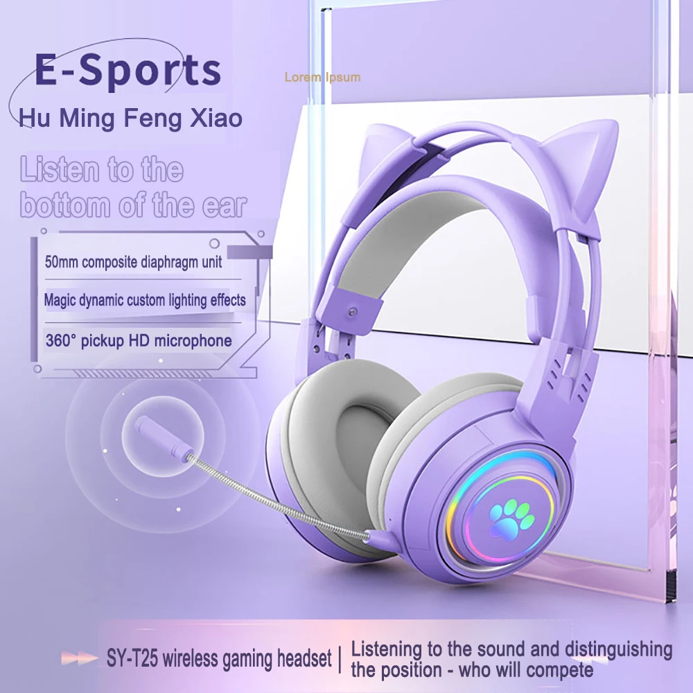 Bluetooth Headphones RGB Gaming Headphones For PC Microphone Surround Sound With Deer Ear Cat Ear Girl Gifts Glow Light Stereo images - 6