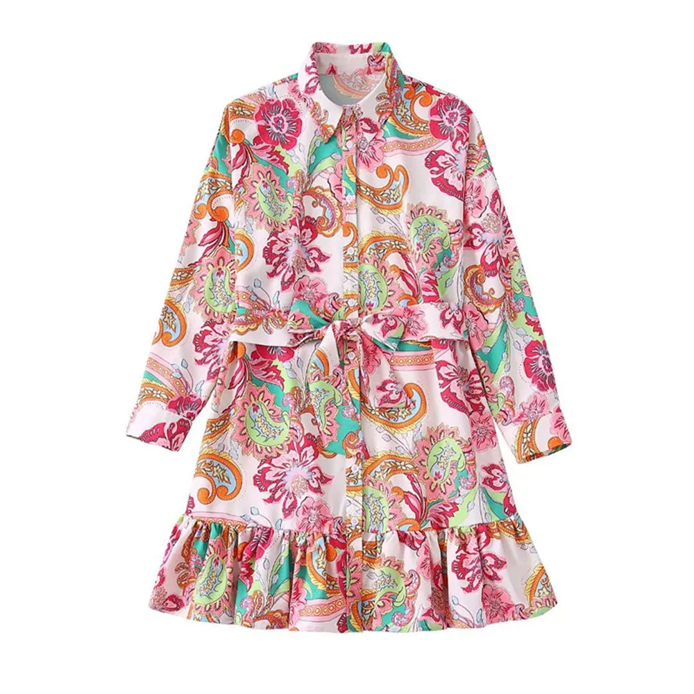 

Женское винтажное мини-платье PB & ZA, летнее платье с отложным воротником, длинным рукавом, поясом и многослойным принтом, 3666/118, 3666118