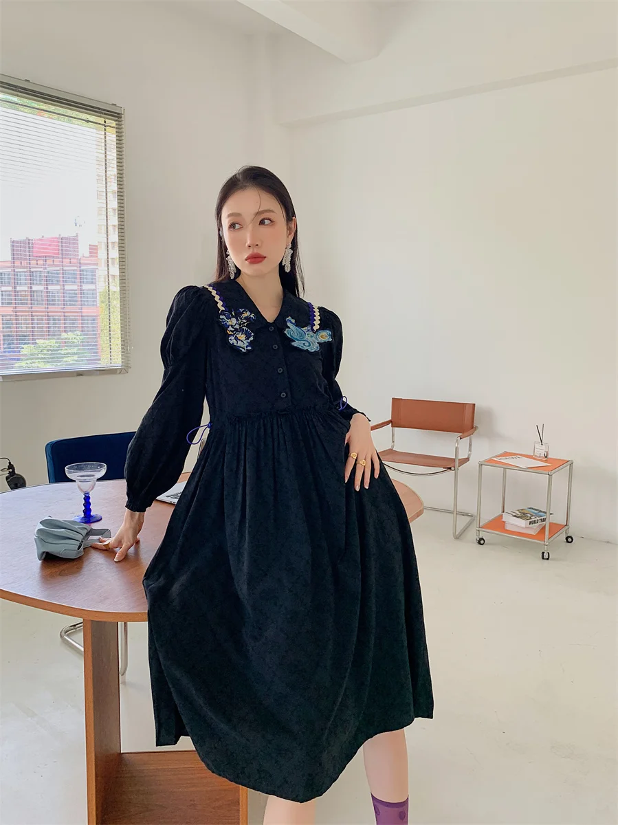 

ZCSMLL Vintage Puff Sleeve Embroidery Long Dress Women Autumn Clothes Long Sleeve Black Jacquard A Line Tunics Midi Dress