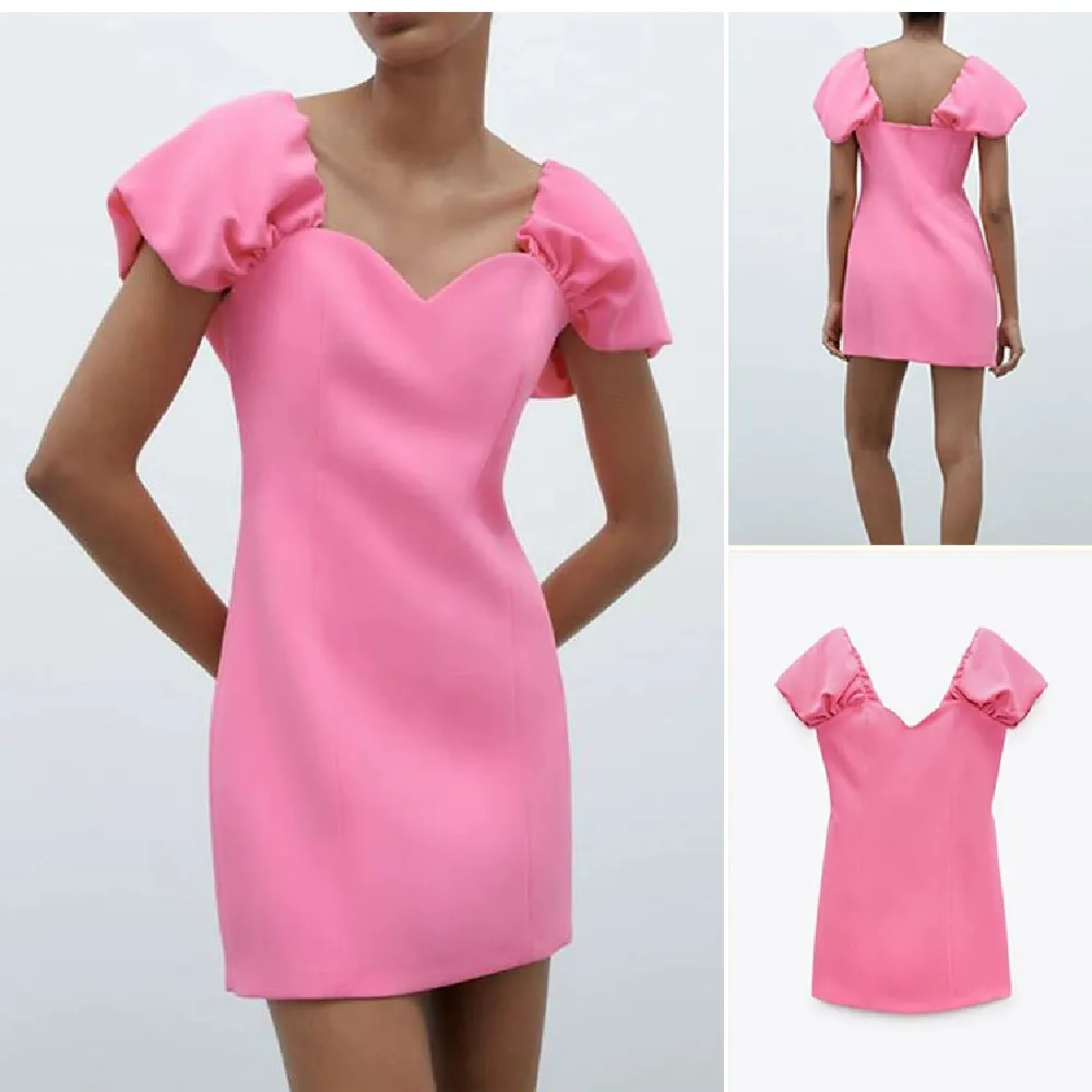 

COS LRIS European and American 2023 summer new heart-shaped collar pink puff sleeve mini dress fresh and sweet style 3159771