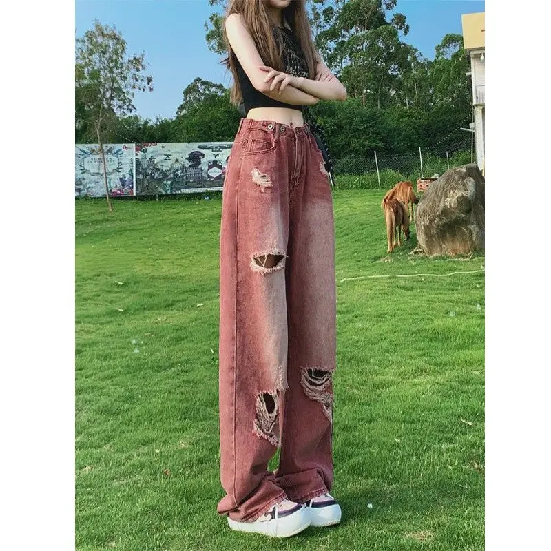 Streetwear Vintage High Waist Female HOLE Denim Trousers Summer New Fashion Loose Distressed Wide Leg Pants Women's Clothing