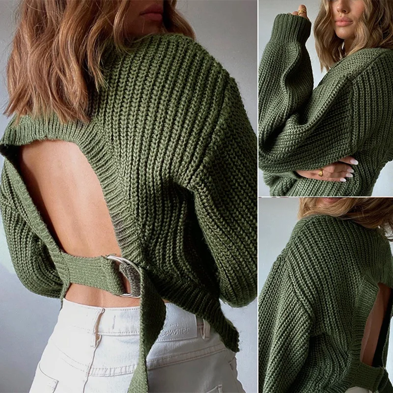 

O Neck Women Backless Sweater Knitted Cropped Long Sleeve Loose Pullover Ladies Casual Sexy Green Jumper Outwear
