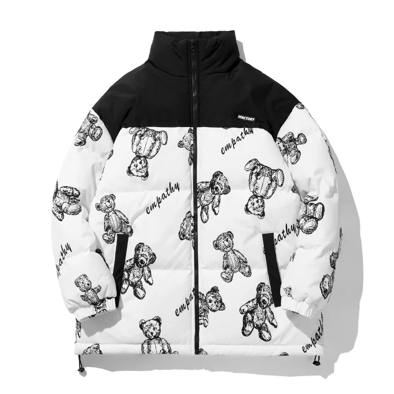 Men's Couples Winter Warm Jacket Thick Coat Patchwork Cartoon Bear Heated Padded Puffer Jacket Oversized Parka Men's Clothing