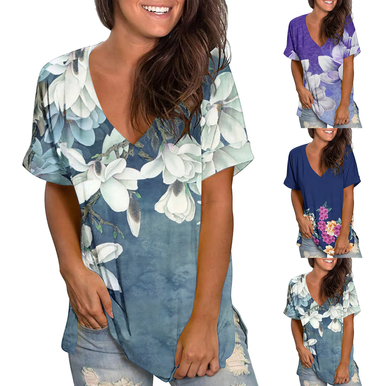 

Женские повседневные летние топы с цветочным принтом, футболка с коротким рукавом и V-образным вырезом, футболка с принтом, свободная туника...