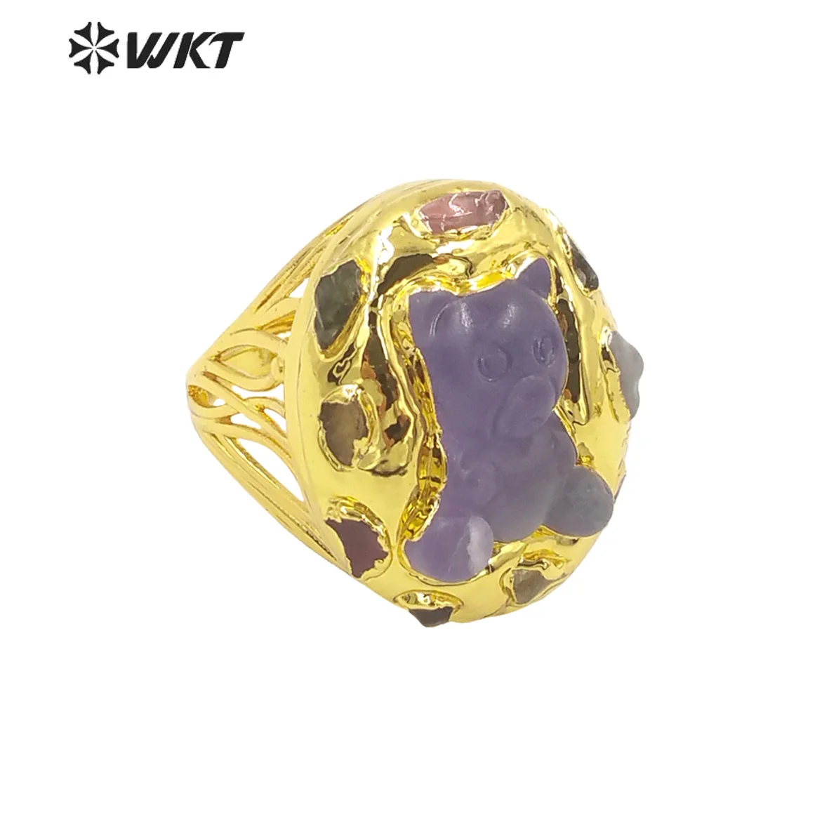 

WT-R411 WKT Girl Natural Stone Ring Purple Fluorite Tourmaline Bear Shape Wide Brim Adjustable Ring Women Men Gift Jewelry