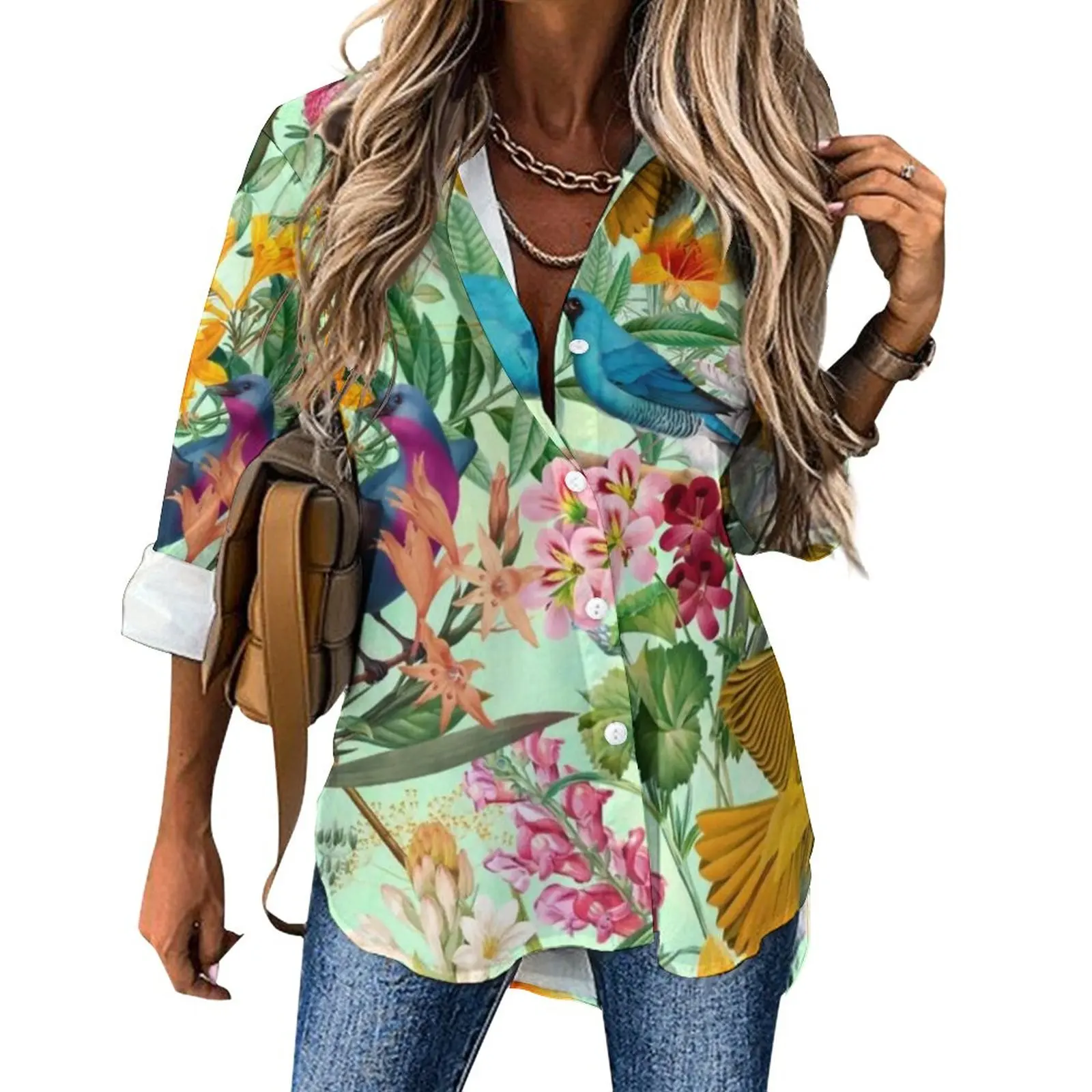 

Birds Print Blouse Tropical Paradise Floral Vintage Design Casual Blouses Female Street Style Shirts Long-Sleeve Oversized Top