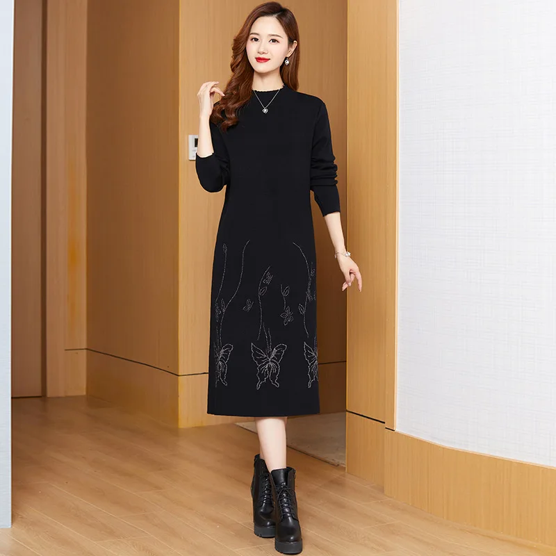 

Black Wool Knitted Dress Women's 2022 Autumn Winter Long Sleeve Large Loose Skirt Over Knee Dress Casual Elegant Party Dress