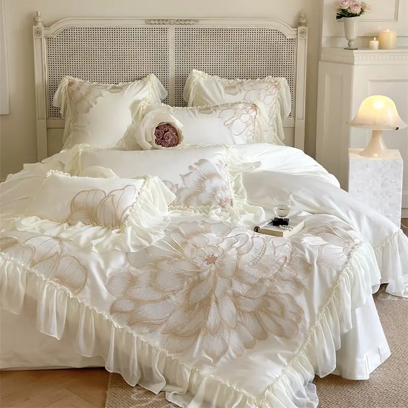 

Роскошный комплект постельного белья 1000TC из египетского хлопка с цветочной вышивкой кружевами оборками французской принцессы комплект пододеяльника простыни наволочки