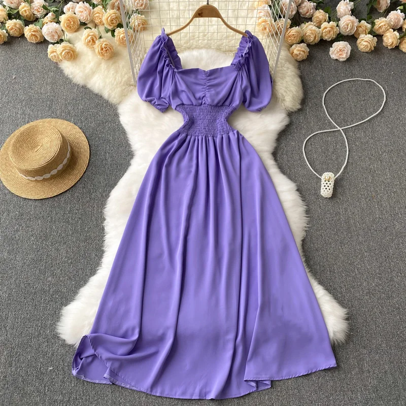 

Elegant Short Sleeve Clothing Robe Sexy Vestidos De Mujer Maxi Women High Waist Casual Square Collar Folds Vintage Blue Dress