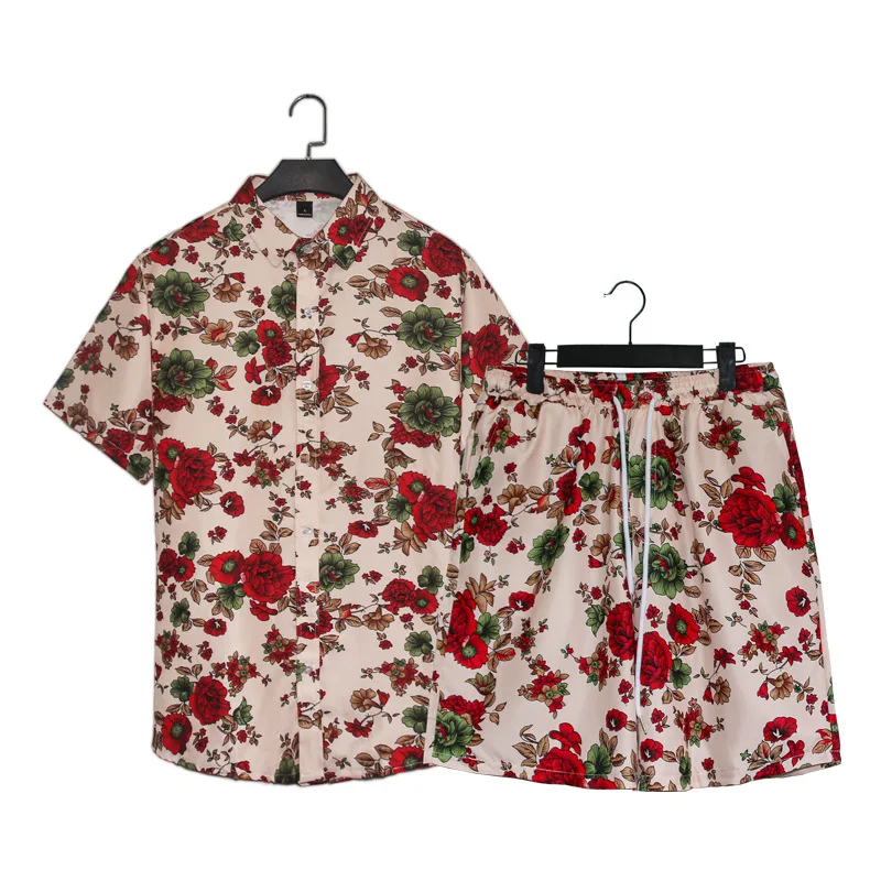

2022 Summer Men's Short Sleeve Shirt Casual Thin Pattern Shirt Two Piece Slim Short Sleeve Suit Sweatshirt men