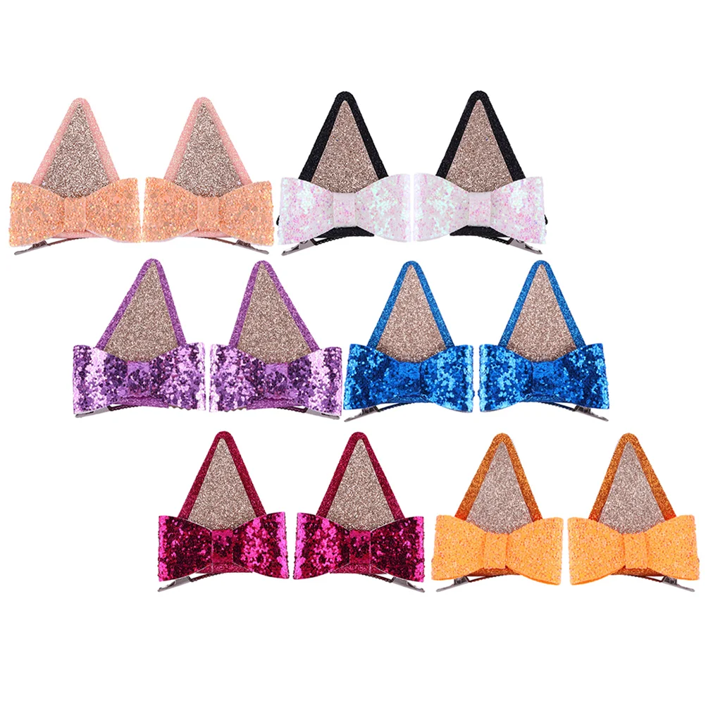 

6 Pairs Sequin Hair Clips Bow Tie Lady Fabric Cat Ears Barrette Kawaii Girl Miss