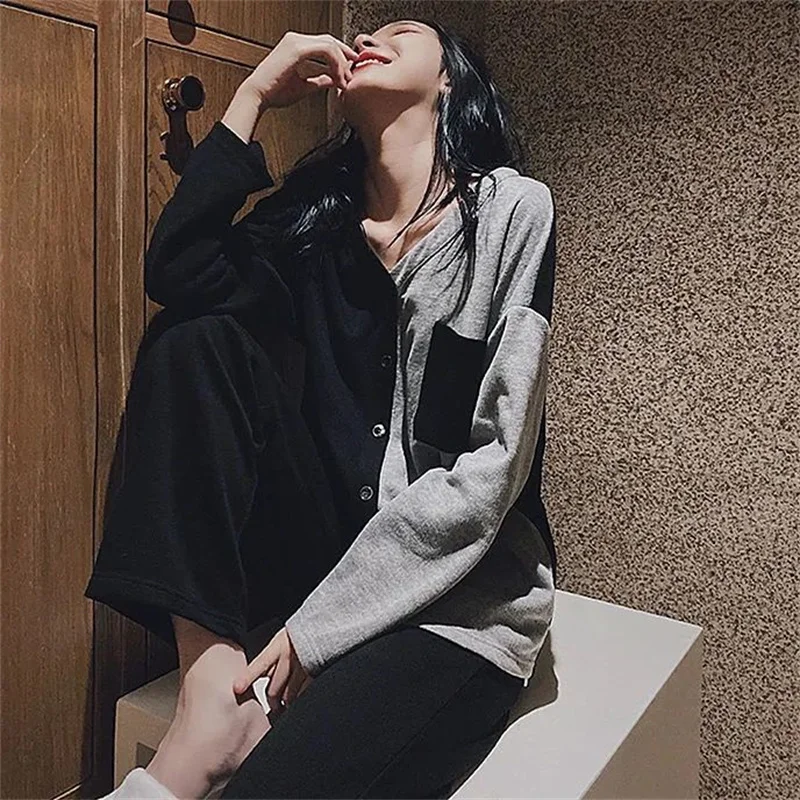 Sweet Pajamas Set Sexy Sleepwear For Women Elastic Pyjama Women's Autumn Fashion V-Neck Shirt Splicing Homewear Japanese Style