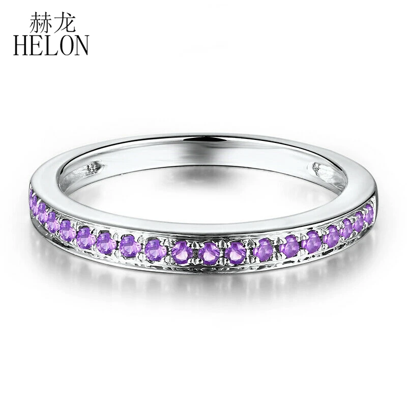 

HELON Solid 14k 10K White Gold Round Genuine Natural Amethyst Engagement Ring Women Wedding Anniversary Gemstone Fine Jewelry