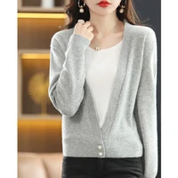 knitted cardigan womens pure wool short deep v neck long sleeved top spring and summer new simple fashion jacket two buckles