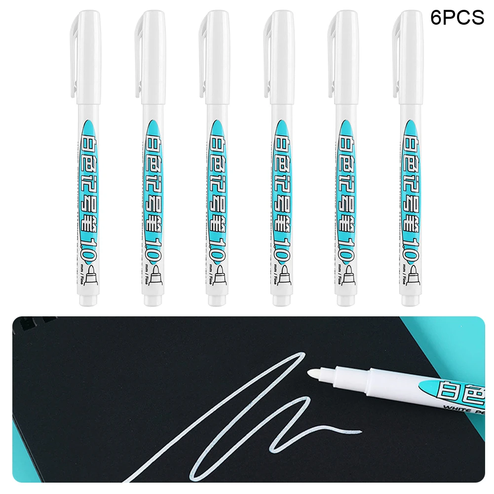 

6pcs Quick Dry School Durable White Ink Fiber Nib Ergonomic Window For Writing Portable Home Office Glass Permanent Marker Pen