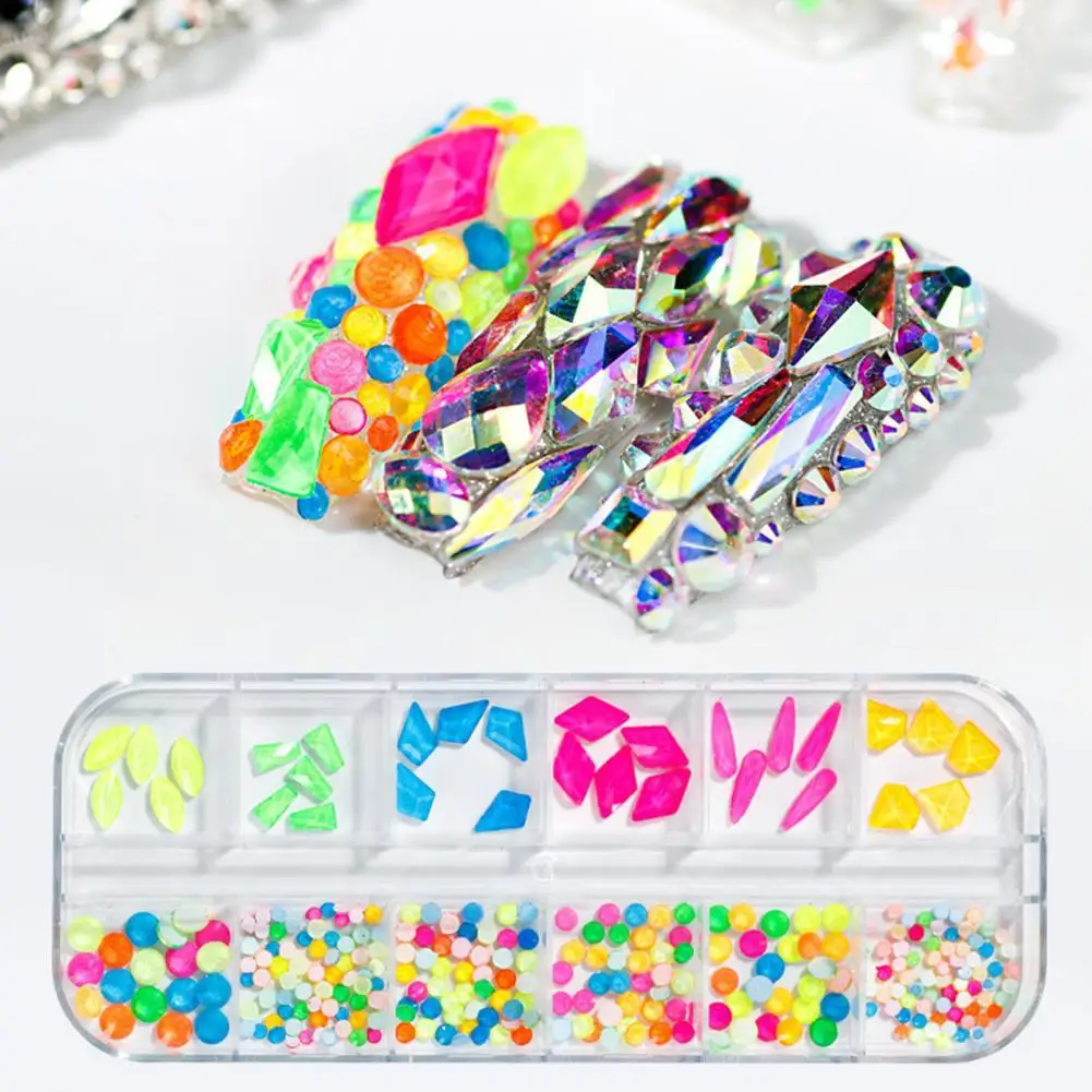 

Colorful 12 Grids Functional Flat Bottom Rhinestones Nail Decor Resin Nail Accessories Shiny for Female