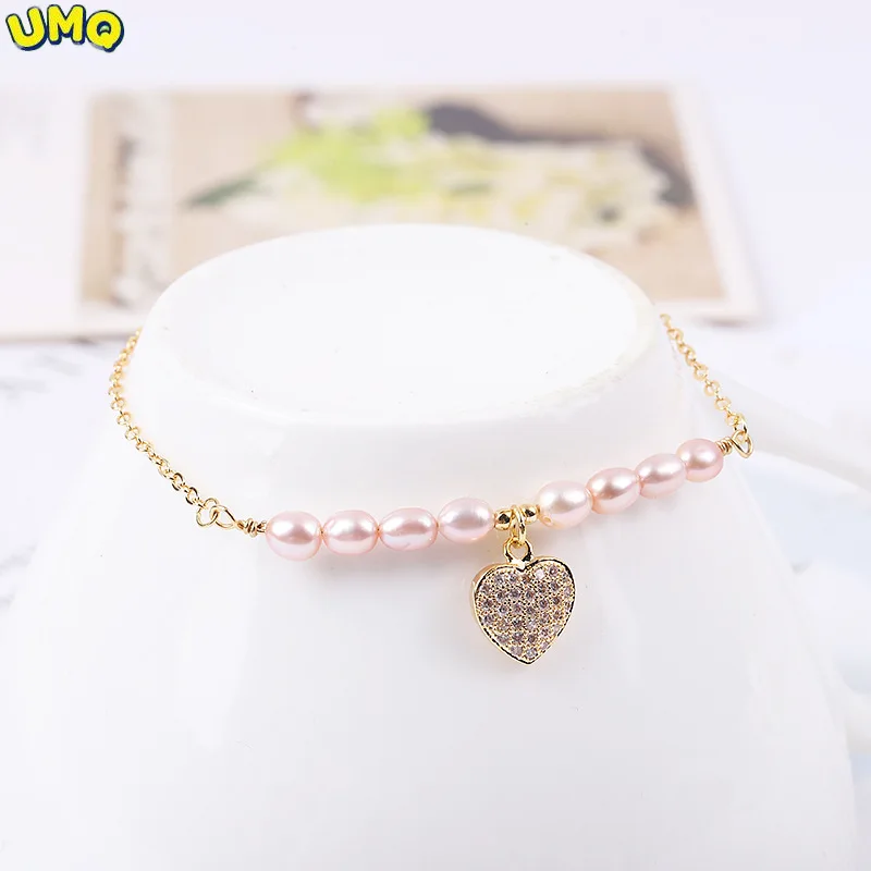 

UMQ Japanese and Korean Fashion Peach Heart Handring Drop Pearl Alloy Chain Locked Bracelet Accessories Women
