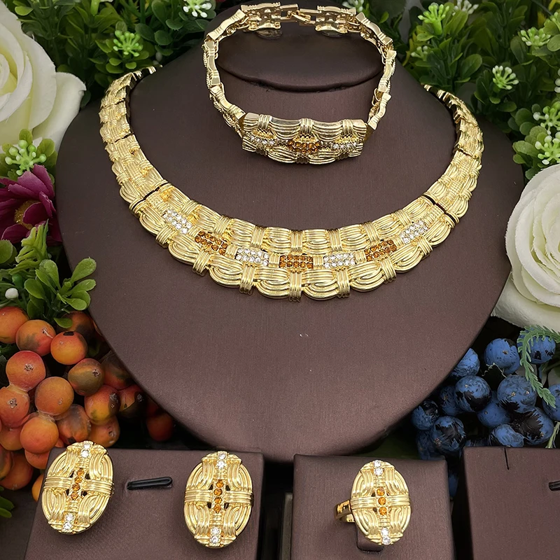 

Dubai Gold Color Jewelry Set For Women Necklace Earring Bracelet Ring Set For Wedding Party Free Gifts Item With Free Shipping