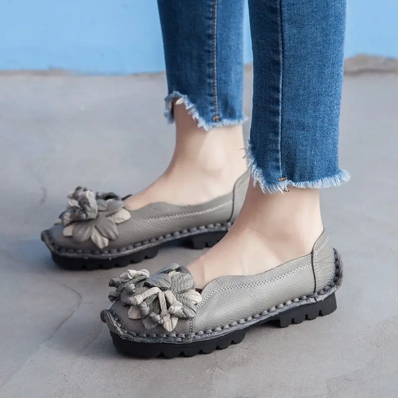 Handmade Luxury Flats Women Designer Moccasins Ladies Lug Sole Shockproof Ballet Flats Woman Cushioned Slip On Gray Moccasins