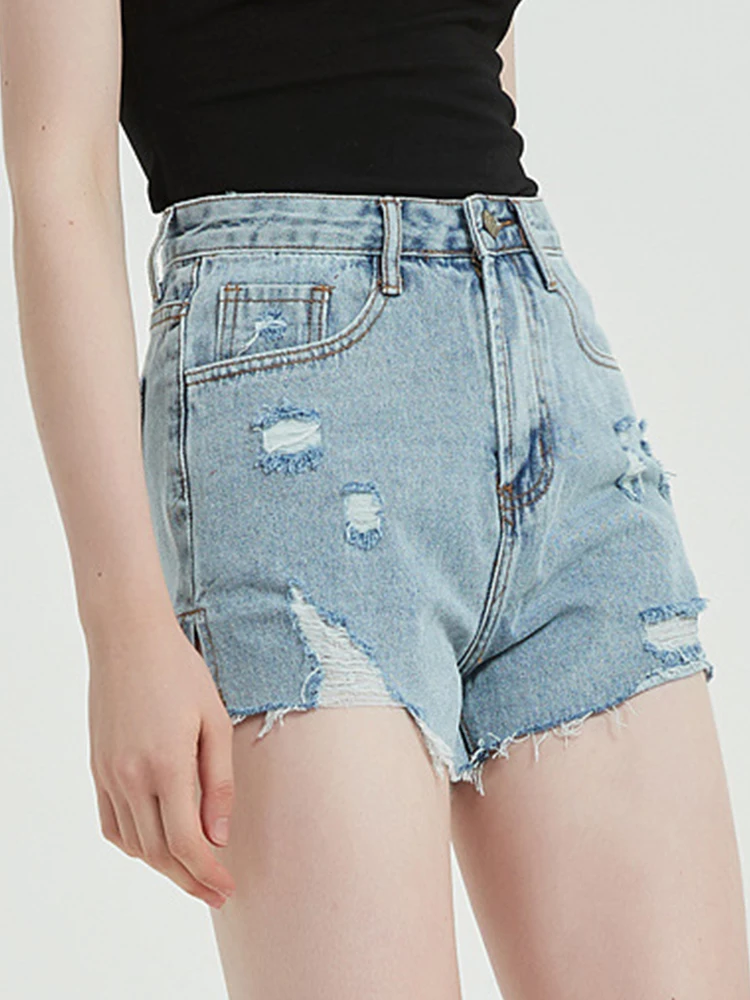 New Summer Women High Waist Hole Frayed Loose Blue Denim Shorts Streetwear Female Retro Raw Hem Jeans Shorts Bottoms