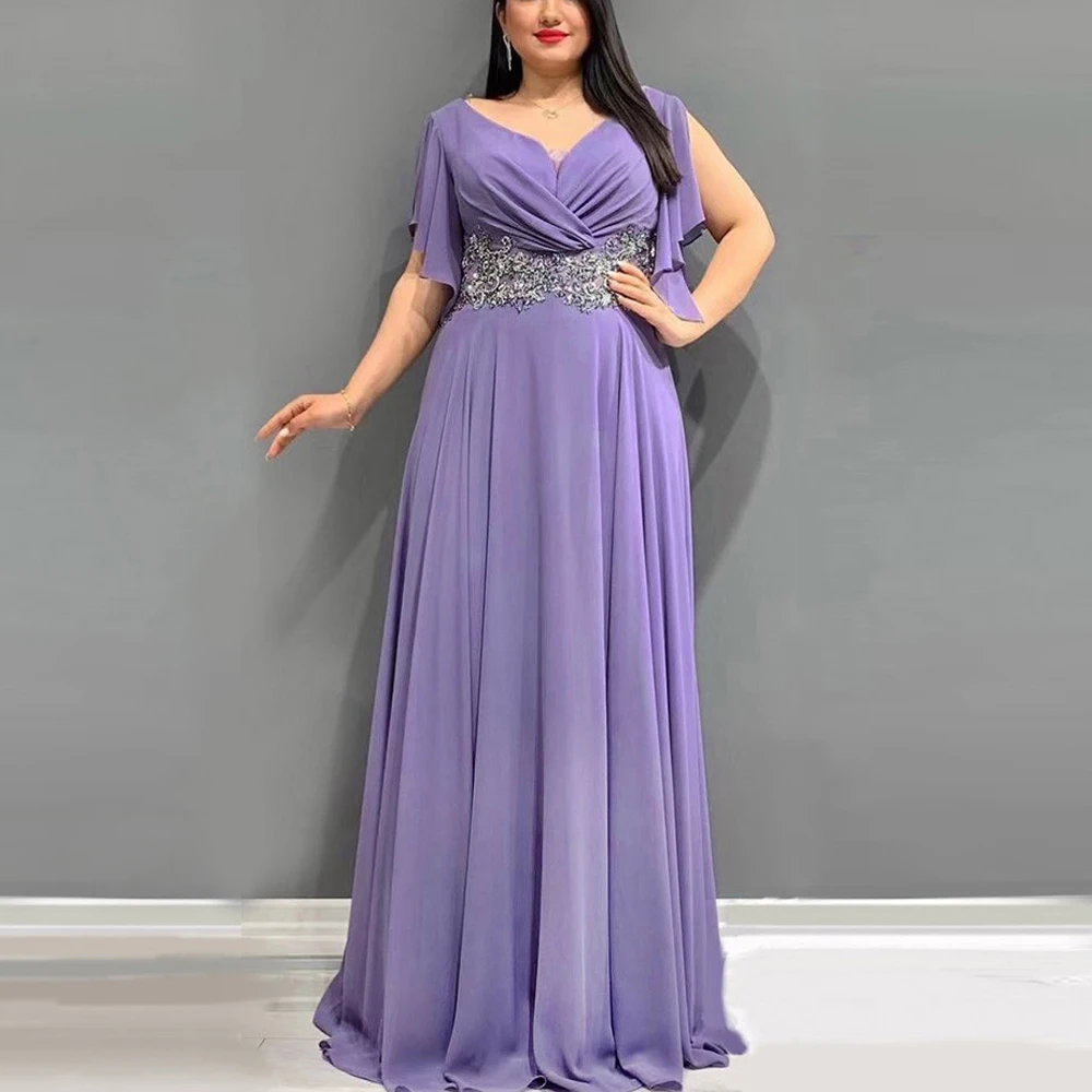 

Elegant Wedding Long Dresses for Bridesmaids Purple V Neck Ruffles Sleeve Embroidery High Waisted Floor Length Sexy Party Dress