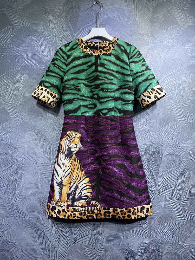 Animal Leopard Print Green Purple  Jacquard Women Dress Retro Short Sleeves Casual Lady A-Line Dresses Clothes One