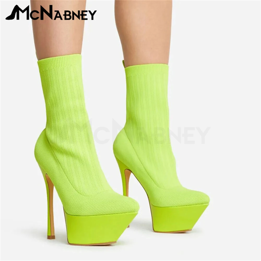 Купи Fluorescent Color Socks Boots Platform Pointed Fine Heel High Heels Fashion Boots Ladies Solid Color High Heels Green Pink Shoes за 6,179 рублей в магазине AliExpress