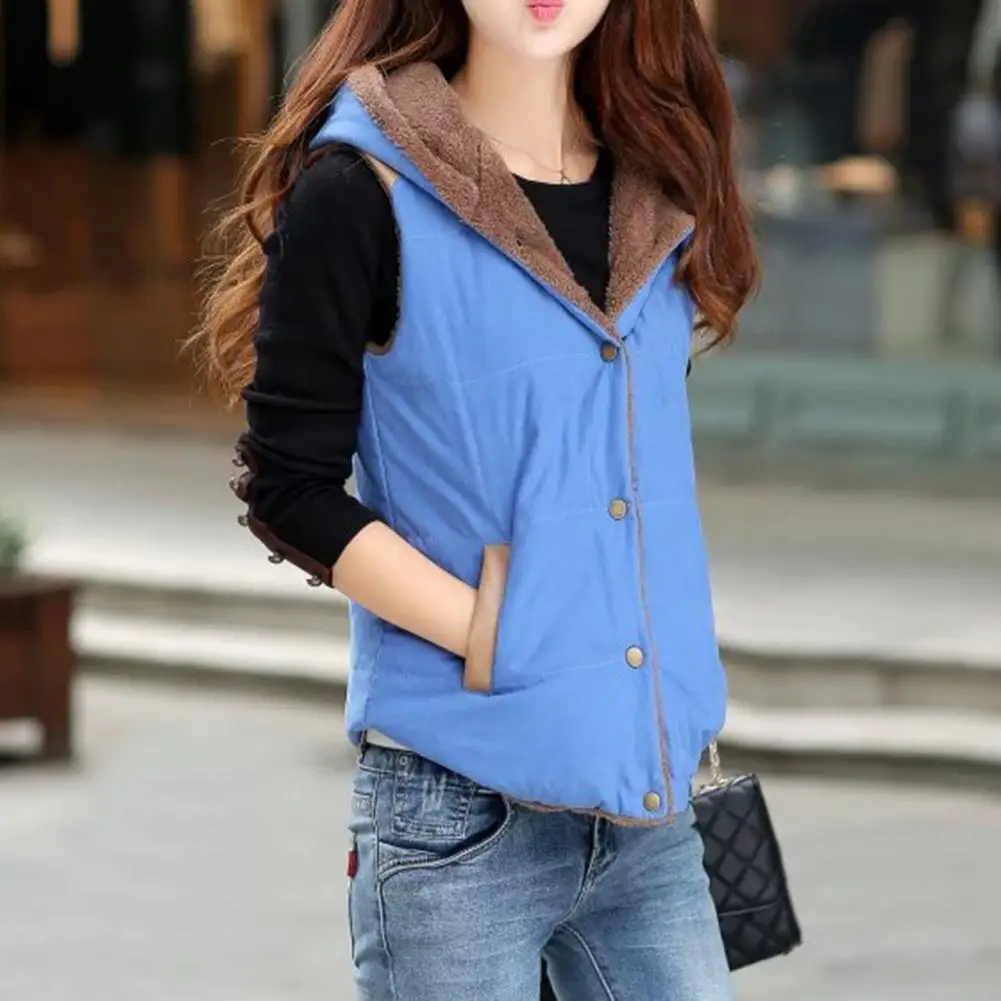 

Fleece Vest Trendy Single-breasted Placket Patchwork Design Sense Minimalistic Pocket Everyday Wear Polyester Hooded Waistcoat