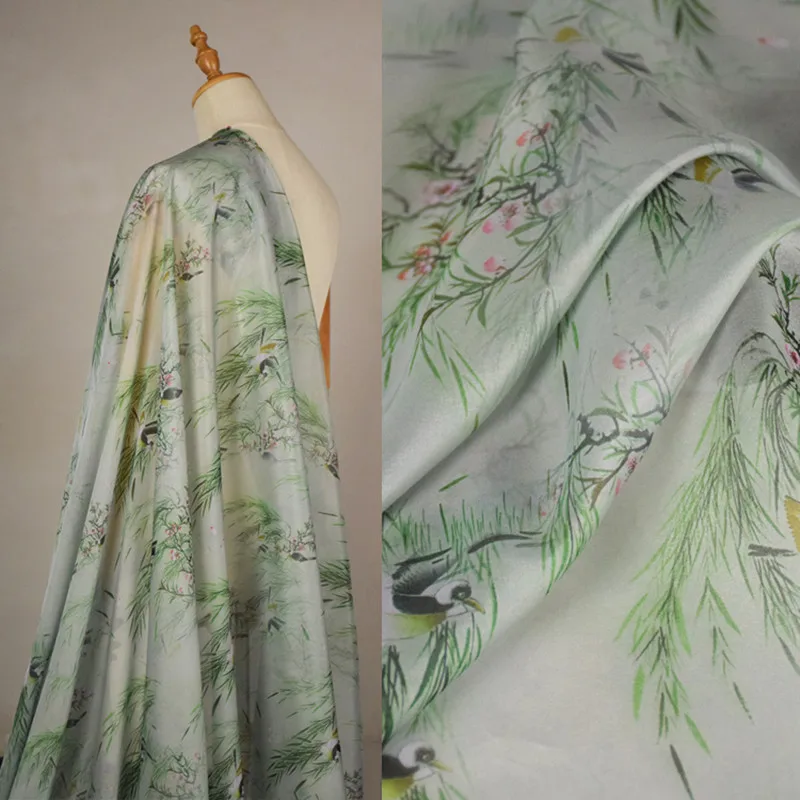 

China Wind Flower Bird Digital Print Chiffon Fabric For Dress Cheongsam Han Cloth Thin Soft Transparent T2044