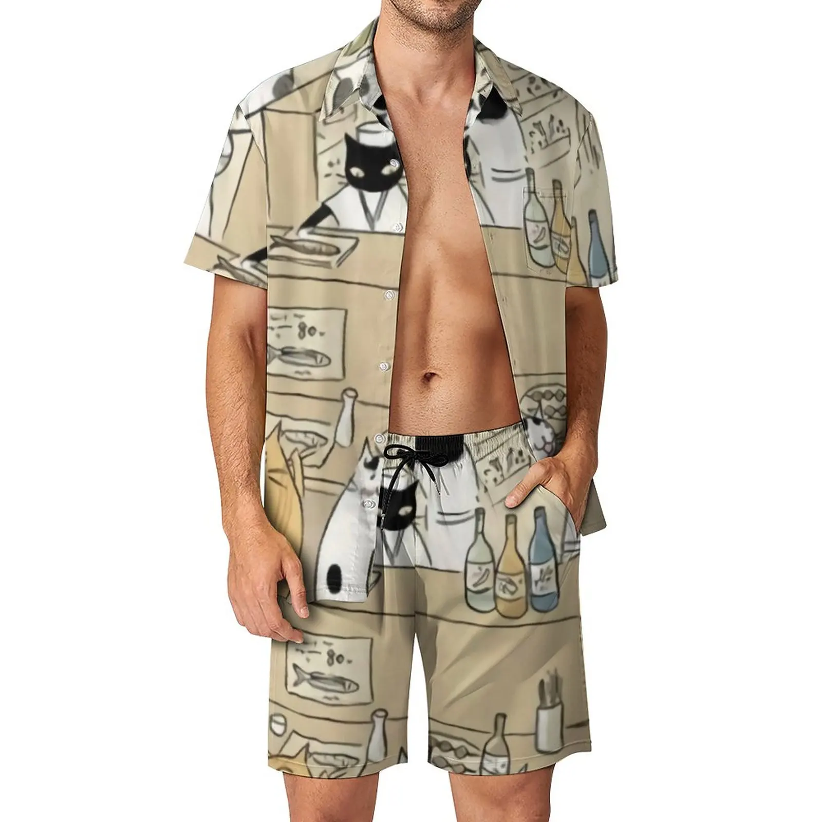 

Japanese Anime Men Sets Cat Restaurant Print Casual Shorts Summer Vintage Beachwear Shirt Set Short-Sleeve Custom Oversized Suit