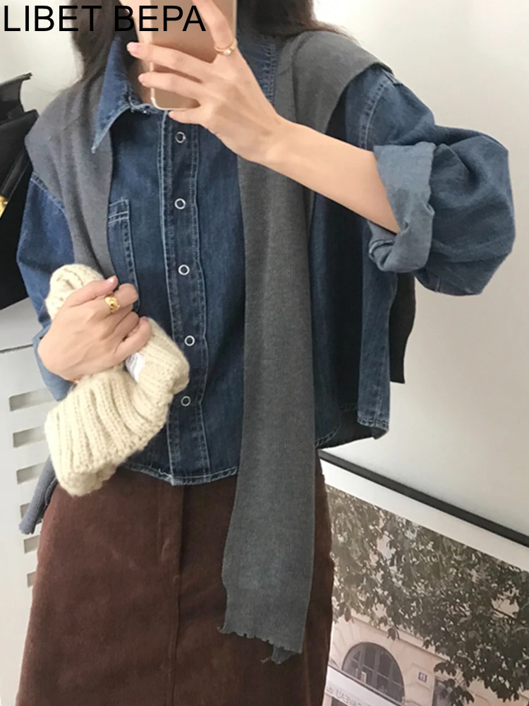 BL9761 Новинка 2024 модные шикарные джинсовые винтажные женские блузки из двух