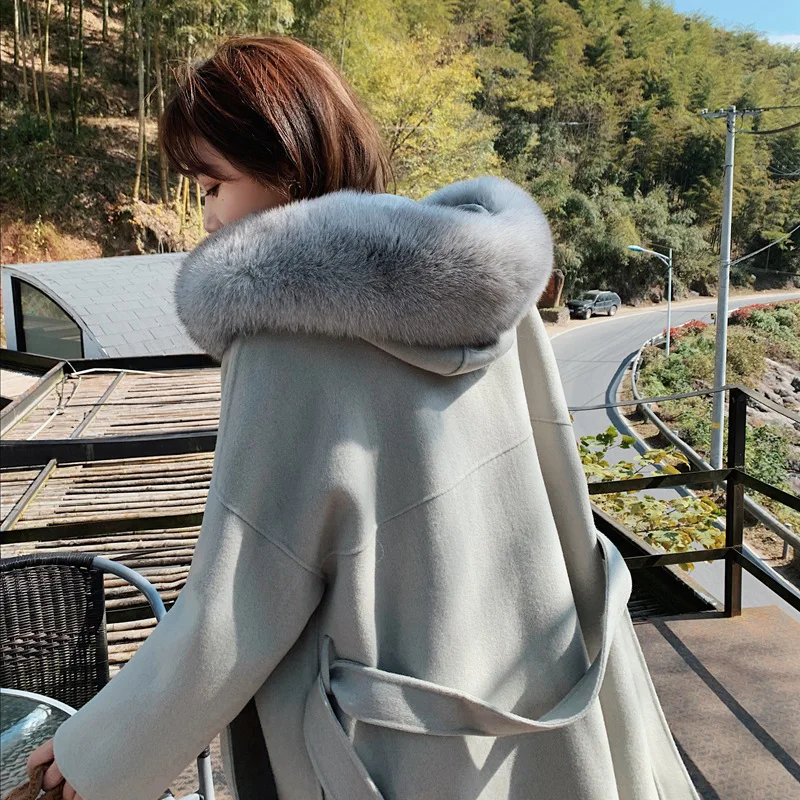 Winter Jacket For Women Real Fur Coat Fashion Luxury Cashmere Wool Blends Natural Fox Fur Trim Hood Outerwear Streetwear Belt