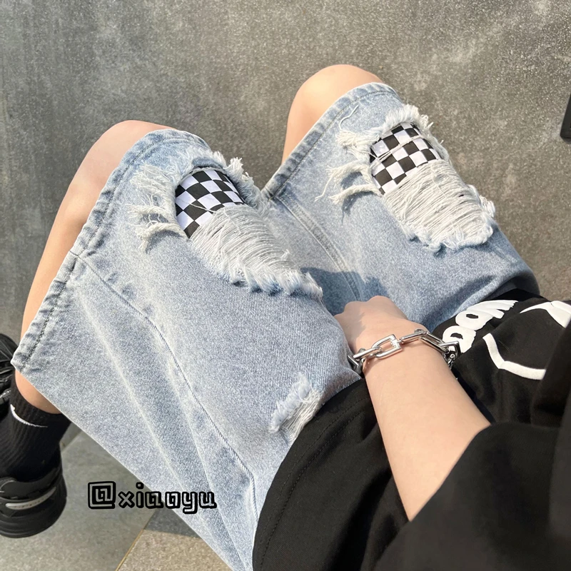 Summer Patchwork Jeans Shorts for Men Korean Fashion Trends Ripped Streetwear Bottoms Teen Baggy Denim Short Pant Casual Clothes