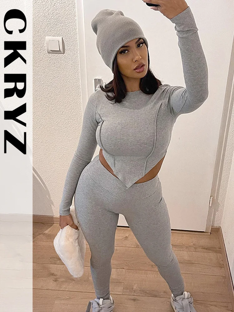 

Ladies Autumn Ribbed New Fashion 2 Pieces Long Sleeve Contrast Stitch Crop Top And Pants Set For Women Streetwear Fall Outfits