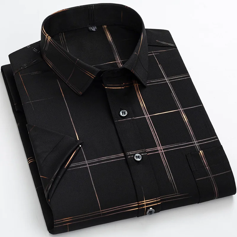 New men's summer short-sleeved plaid shirt bronzing stretch anti-wrinkle everyday casual with pocket dad's square collar |