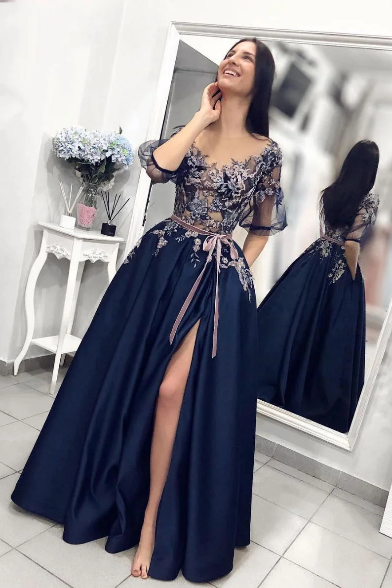 

Navy Blue Formal Evening Dresses 2023 A-Line Sexy Split Lace Embroidery Satin Long with Pockets Half Sleeves Prom Dress