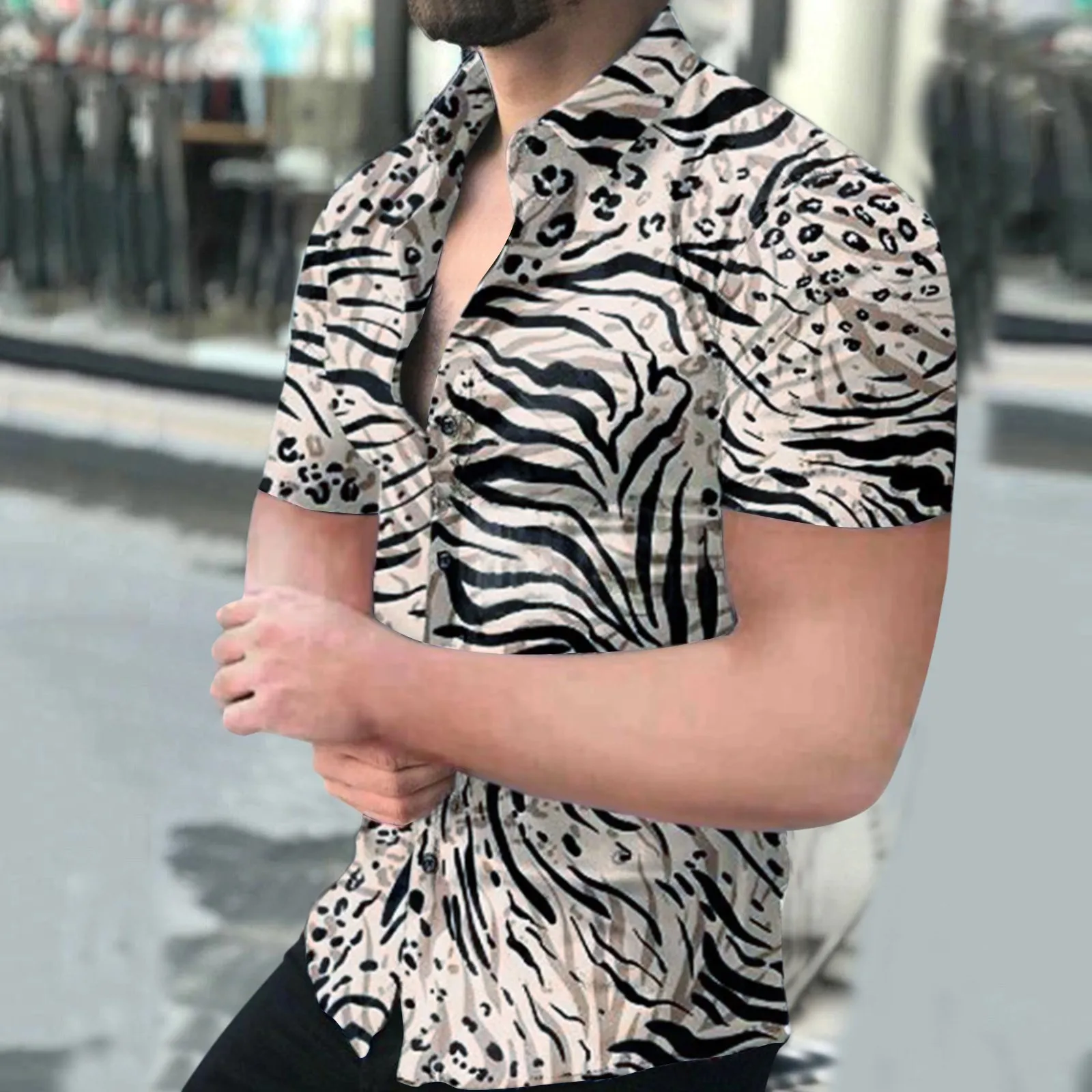

Men's Spring And Summer Fashion Top Shirt Printed Casual Lapel Button Short Sleeve Shirt Large Size business Clothing Tunics