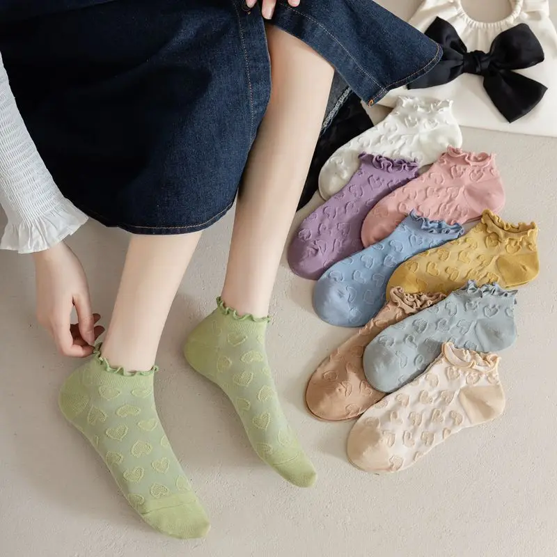

3D Heart Print Cute Frilly Ruffle Lolita Sweet Girls Kawaii Cotton Short Socks Women Fashion Solid Color Low Cut Ankle Socks