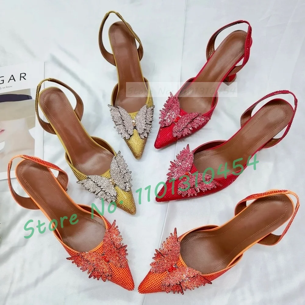 

Сандалии женские атласные, босоножки с острым носком, Хрустальная бабочка, блестящие туфли с винным бокалом, роскошные, с ремешком сзади, цвет оранжевый