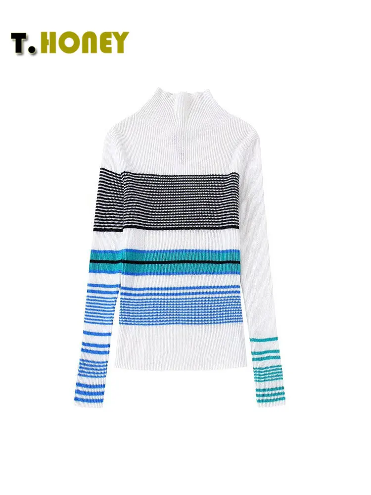 

TELLHONEY женский модный полосатый вязаный пуловер с ложным воротником Женский винтажный облегающий свитер с длинным рукавом осенние зимние то...