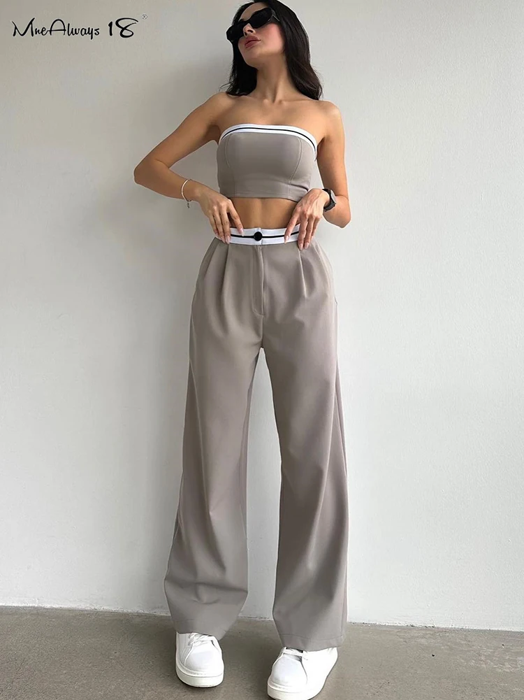 

Mnealways18 Street Style Patchwork 2 Pieces Sets Corset Tops And Wide Legs Pants Women Chic Suits Cropped Baggy Trousers Outfits