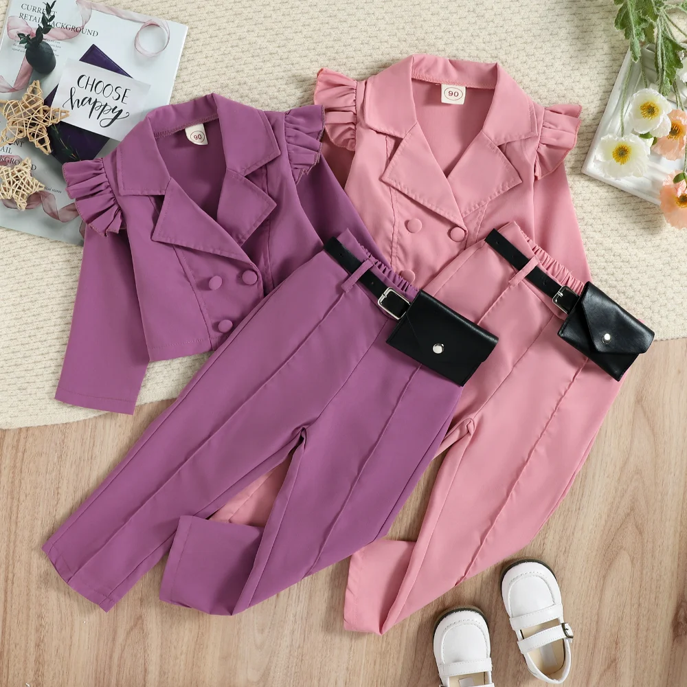 

3Pcs Kids Girls Autumn Clothes Set Children's Korean Long Sleeve Lapel Blazer Outwear + Waist Bag Suit Children's Sets 1-6Years
