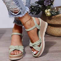 summer platform wedge sandals quality leather upper bow tied open toe ankle buckle strap fashion modern shoes ladies female 2022