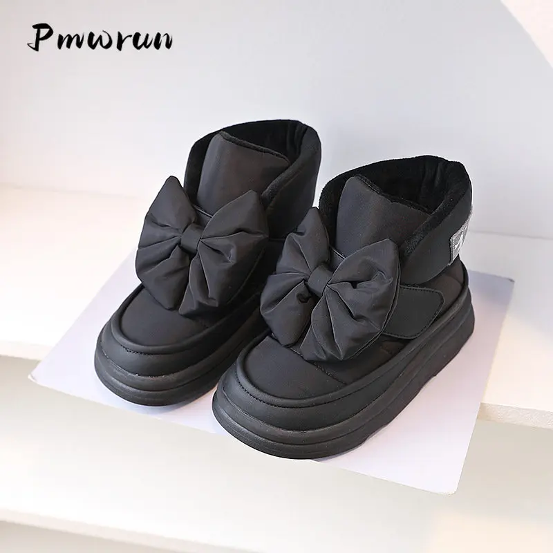 Children Winter Warm Bow Tie Soft Bottom Snow Boots Kids Girl Casual Daily Flat Shoes Student Plush Padded Thickened Meduim Boot