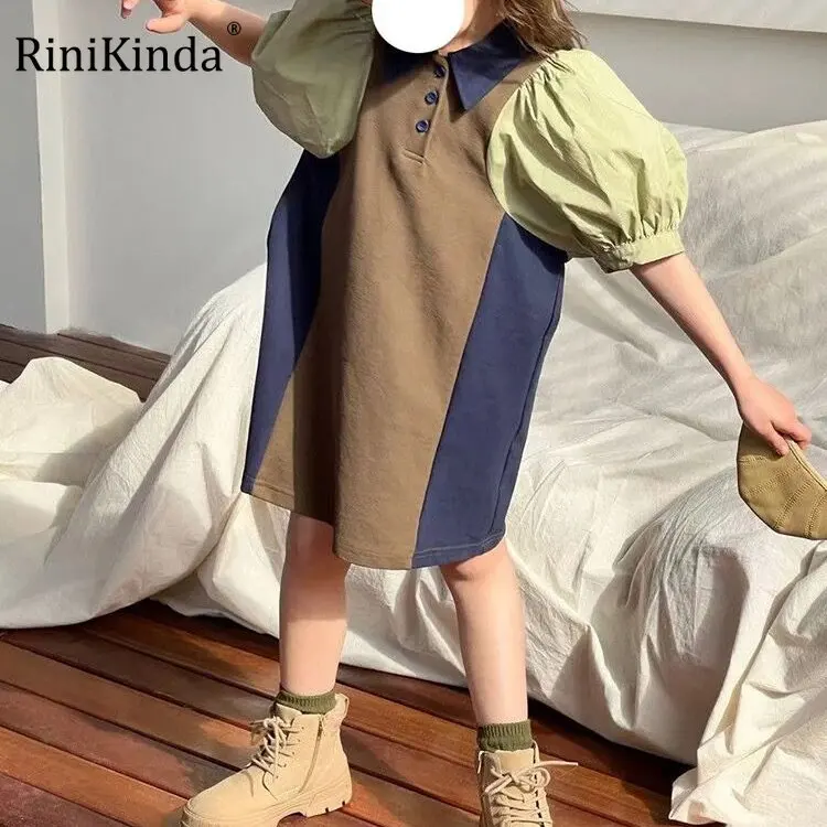 

Детское летнее платье с контрастными рукавами, Повседневное платье для девочек, сарафан, одежда, 2023