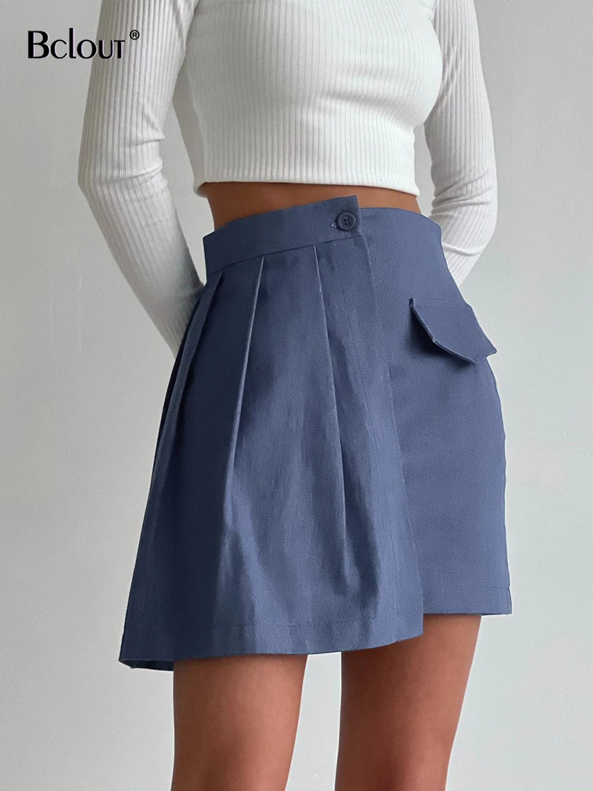 

Bclout Elegant Blue Skirts Women Chic High Waist A-Line Patchwork Mini Skirt Casual Party Asymmetrical Pleated Skirts Woman 2022