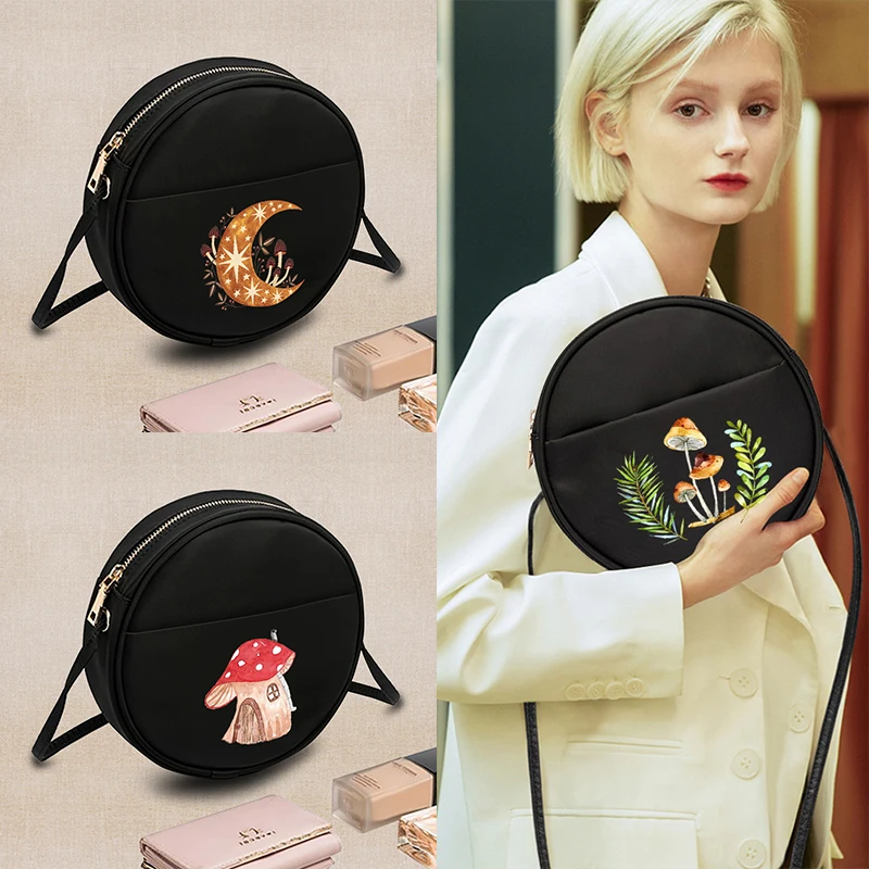 

2023 New Fashion Women Round Crossbody Bag Mushroom Print Ladies Messenger Shoulder Bags Coin Purse Cosmetic Organizer Handbags