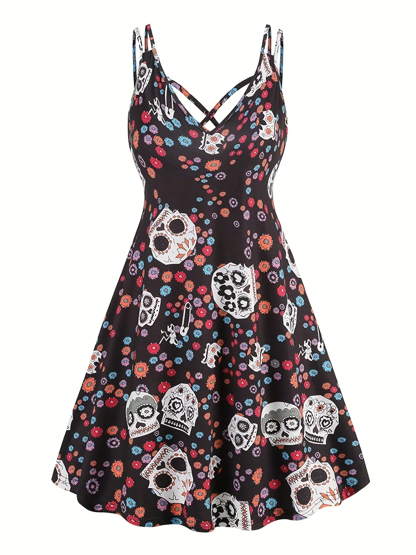 Платье с черепом и цветочным принтом готическое платье без рукавов V-образным