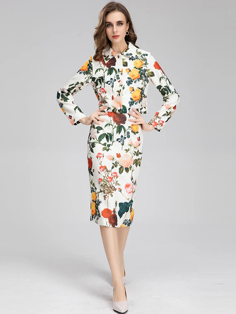 

MoaaYina Runway Designer Autumn Skirts Suit Women's Turn-down Collar Flower Print Shirts and Slim Skirts Two Pieces Set